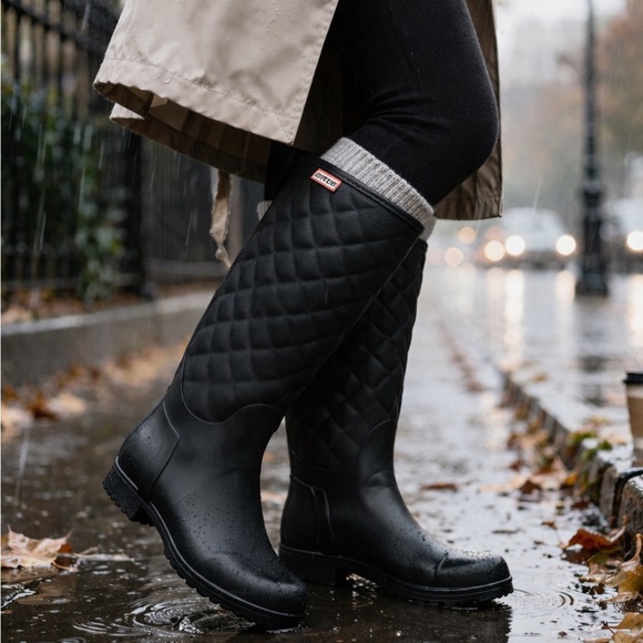 Hunter Quilted Rubber Tall Rain Boots Black Women’s Size 6 Waterproof - Picture 2 of 14